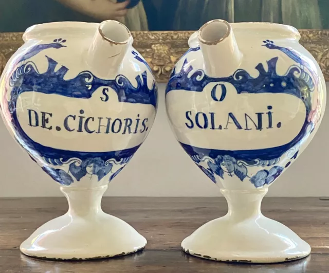 Antique Pair  1700s Delft Blue and White Tin Glazed Drug Apothecary Jars RARE
