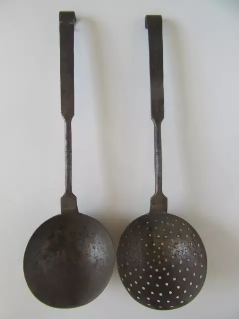 Antique 18th Century Hand Forged & Decoroted Iron Open Hearth Spoon Set -17 1/2"