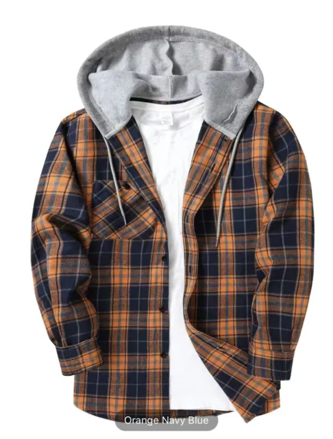 Drawstring Hooded Flannel Shirt, Men’s Casual various Colors Plaid Button Up