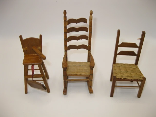 Vtg Shackman Doll House Chairs Rocking Chair Ladderback High Chair x3 TLC Repair