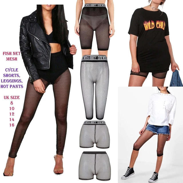 Women Black Sporty Fishnet Mesh 3/4 Legging cycling Shorts hot pants Stockings