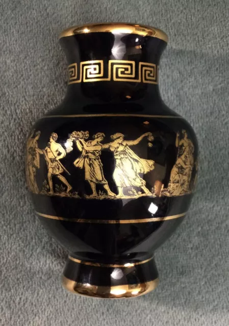 Vintage 4.5” Vase Urn Black Hand Made, Greece w/ 24K Gold Decoration Marked “TP”