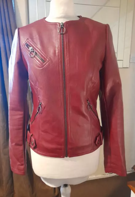 womens  Red Faux Leather Jacket size Uk 10  Womens Full Zip Biker