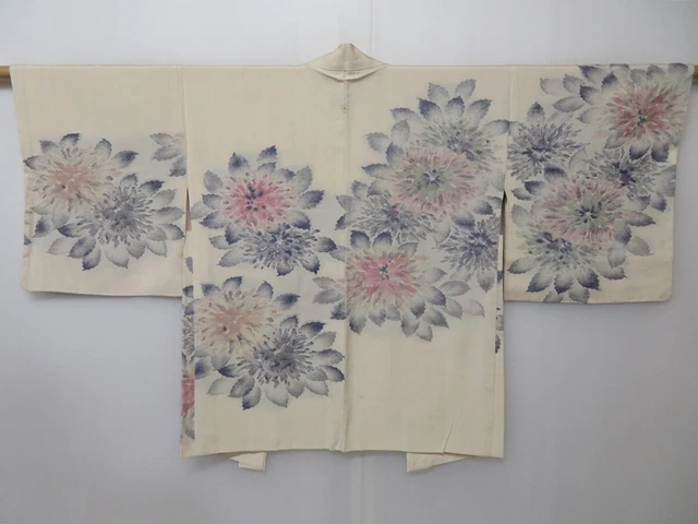 1613i04z570 Vintage Japanese Kimono Silk HAORI Off-white Flower
