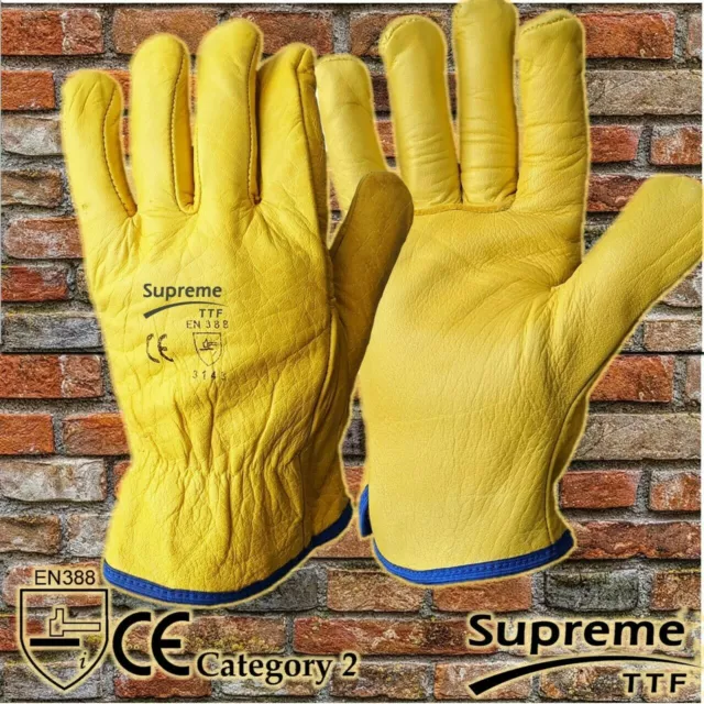 Premium Yellow Leather Driver Work Gloves Fleece Lined Lorry Truck Driving Glove