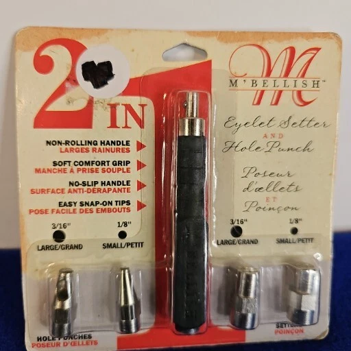 Nuevo de lote antiguo 2 en 1 M'Bellish Colocador de ojales y perforador de orificios 4 tamaños mango sin deslizamiento #23698