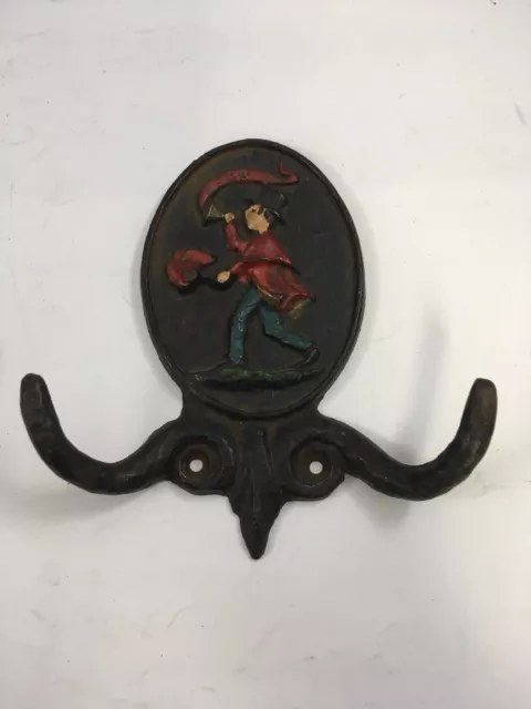 Cast Iron Wall Coat Hooks Top Hat Man Blowing Horn Figure Vintage Set of 2 6