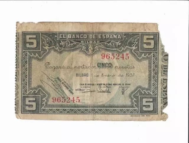 España: 5 Pesetas Banco De Bilbao. Año 1937. Sin Serie. Mal. Ideal Y Escaso.