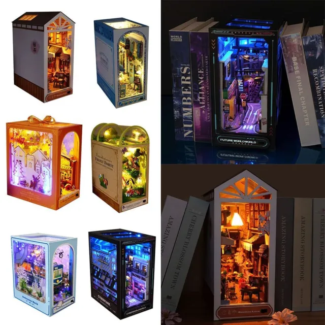 Rolife Book Nook Kit DIY 3D Wooden Puzzles Bookshelf Insert Bookends with  LED Light Gift for Teens Adults 