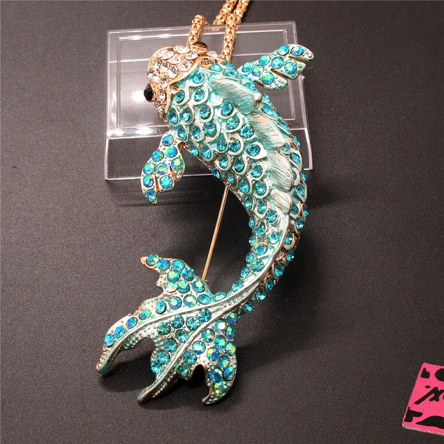 Betsey Johnson Blue Bling Cute Goldfish Fish Crystal Sweater Chain Necklace