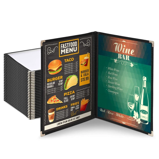 WeChef 30 Pack Menu Cover 8.5x11" 2 Page 4 View Double Fold Stitch Black Club