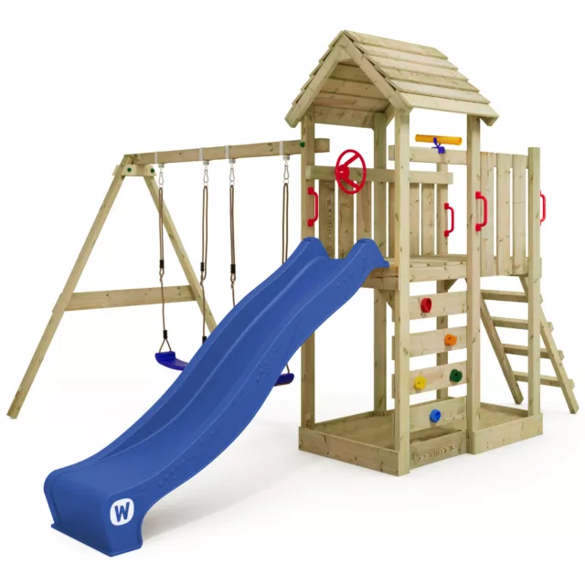 WICKEY MultiFlyer - Wooden climbing frame with swing, wooden roof and slide
