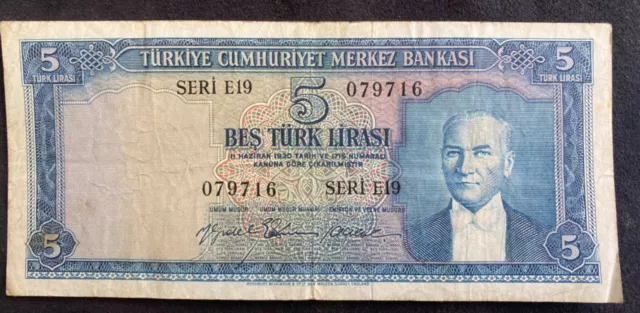 Türkei 5 Lira 1959 Banknote Bes Türk Lirasi Türkiye Cumhuriyeti Atatürk Serie E