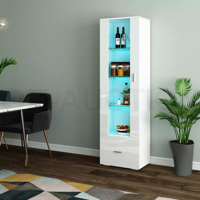 190CM Tall Side Cabinet Tallboy with Thick Glass Shelves Gloss 1 Drawer White