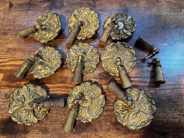 9 Vintage Solid Brass Drawer Pulls & Back Plates - Heavy Legitimate Unique Rare!