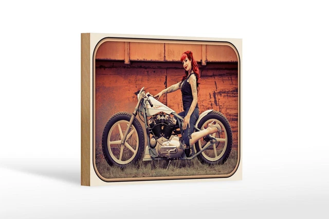 Cartel de Madera Moto 18x12 CM Motociclista Chica Mujer Pin Up Decoración Signo