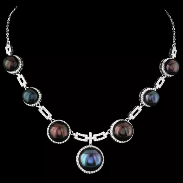 Natural 13Mm Tahitian Fresh Water Pearl & Cubic Zirconia In Silver 925 Necklace