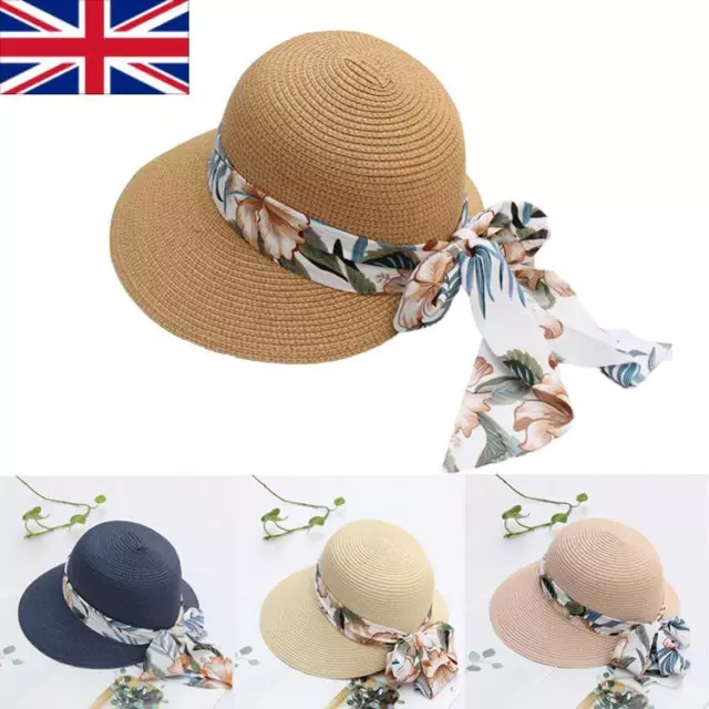 LADIES WOMENS SUMMER Sun Beach Straw Hat Foldable Large Brim Hats Ribbon Bow  New £7.94 - PicClick UK
