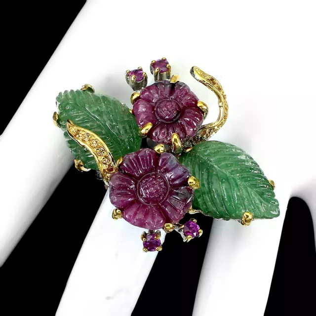 Handcraft Unheated Flower Carving Ruby 20x14mm Gems 925 Sterling Silver Ring 8.5