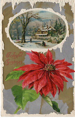 Postcard Vintage Christmas Poinsettia Winter Scene Embossed c1919 -G1