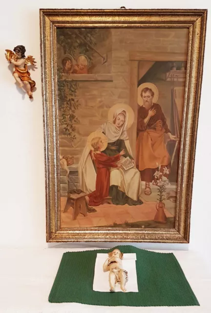 Heilige Familie Ölgemälde antik Maria Josef Jesus Kind Engel Mutter Gottes Lilie