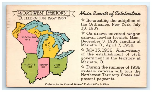 Postcard Map Northwest Territory Celebration 1937-1938 Ohio Indiana Michigan Wis