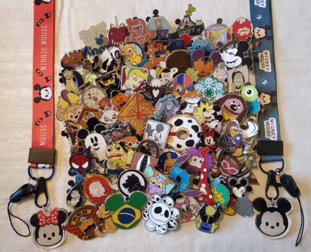 DISNEY TRADING PINS 50 LOT NO DOUBLES Free Mickey / Minnie Lanyard UPICK