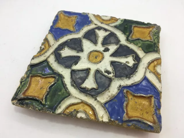 Antique Portuguese Ceramic Tile 17 / 18 Century ?? Geometric Relief Glazed Tiles