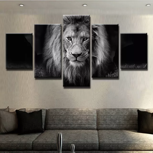 Black and white Natural Lion Animal Canvas Print Painting Wall Art Home Decor 5P