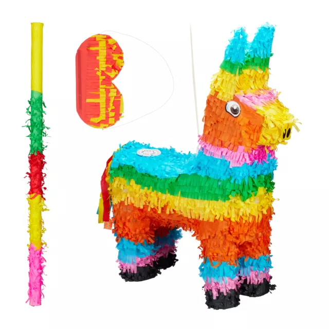 3 tlg. Pinata Set Lama, Stock und Maske, Esel Pinata, Lamapinata Geburtstag bunt