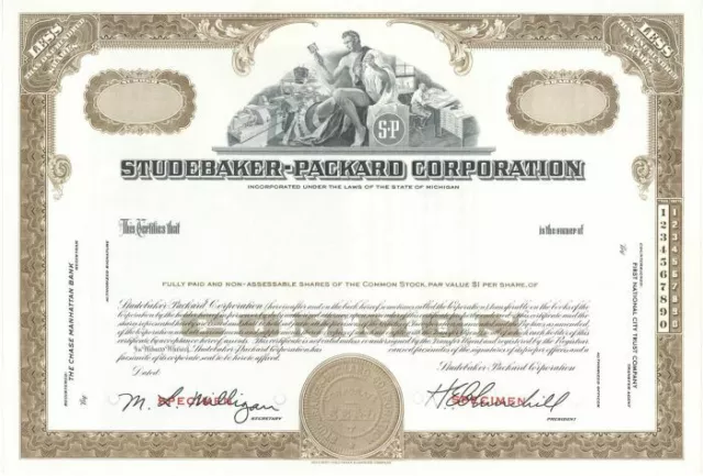 Studebaker-Packard Corporation - Automotive Specimen Stock Certificate - Famous