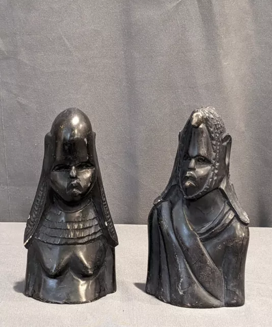Pair of 5.5" Stone (?) Tribal Man & Woman Bust Statues - Hand Carved in Kenya