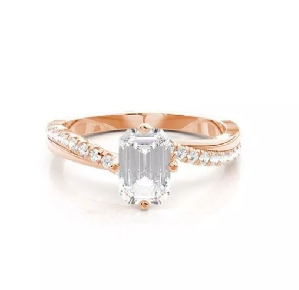 IGI GIA Lab Created Diamond Engagement Ring 0.65 Ct Emerald Cut 14K Rose Gold