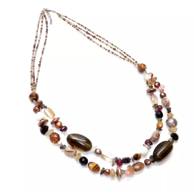 Vintage Peyote Bird Sterling Silver 925 Long Beaded Gem Stones & Glass Necklace