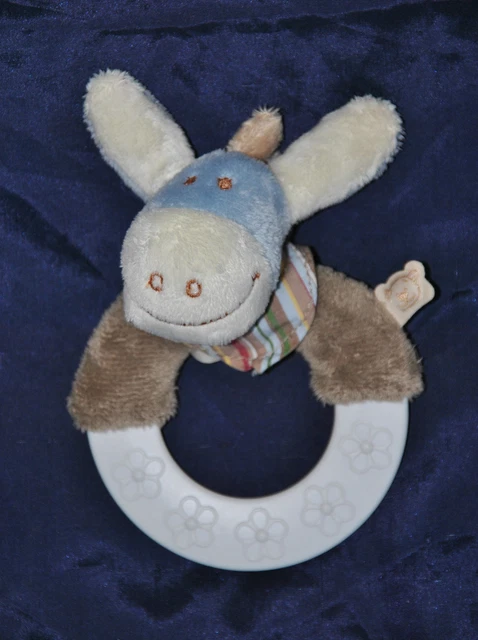 Peluche Doudou Ane Paco NOUKIES NOUKIE'S NOUKY Bleu Blanc Anneau Dentition TTBE