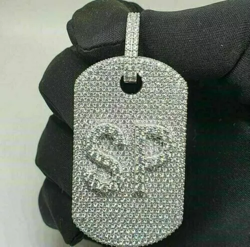 3Ct Round Cut Real Moissanite Dog Tag Mens Pendant 14k White Gold Plated
