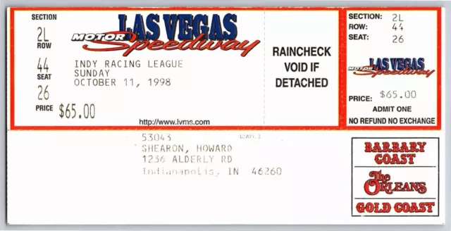 1998 Las Vegas Motor Speedway 500K IRL Indy Racing League Unused Ticket Seat 26