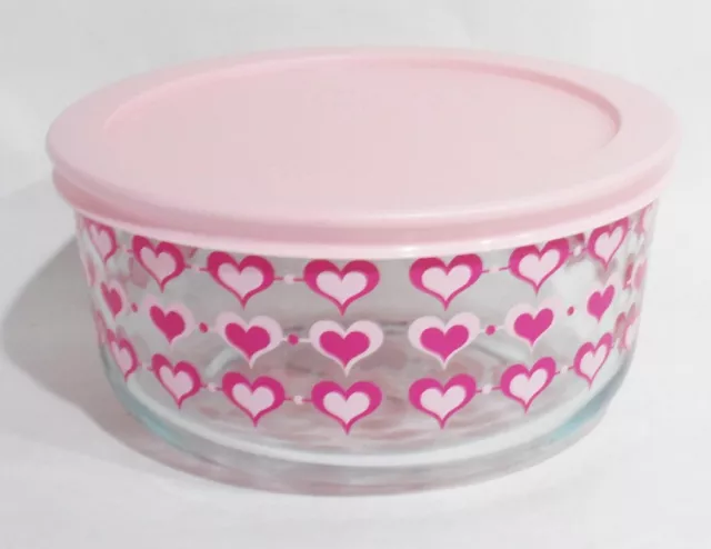 PYREX 4 Cup SMITTEN LOVE Valentine STORAGE BOWL 3-Rows Pink Red Inlaid Hearts