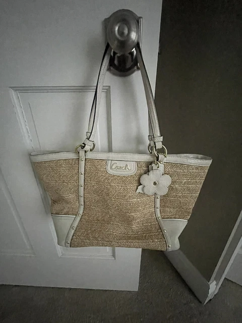 COACH Woven Straw Tote White Leather Trim Flower Trim Purse Shoulder Bag