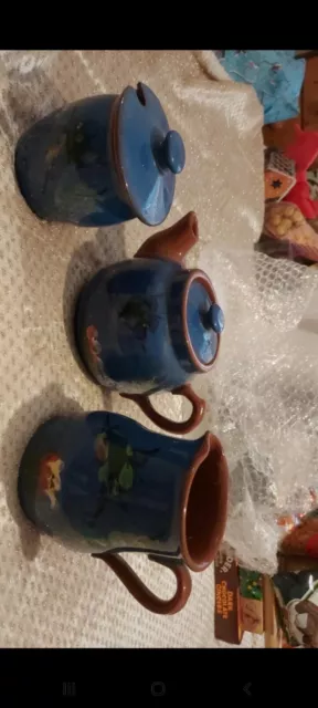 Torquay Pottery Set Of 3 Royal Blue Bird Design