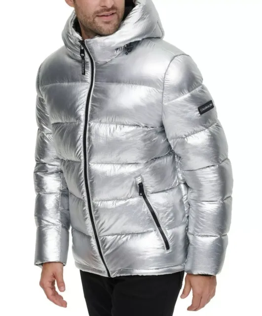 CALVIN KLEIN Mens L High Shine Silver Metallic Hooded Puffer Jacket NWT MSRP$250