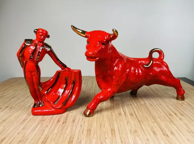 Mid Century Modern MCM 50’s RED W/GOLD Gilding Ceramic BULL & MATADOR Statue WOW