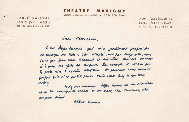 Albert CAMUS - Lettre autographe signée  "L’État de siège". Théâtre Marigny 1948