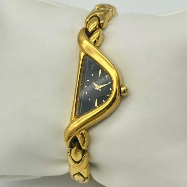 Vintage Ladies SEIKO Half Moon Gold Tone Black Dial Quartz Watch, Runs 1F20-6C99
