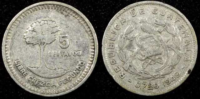 Guatemala Silver 1949 5 Centavos 1 Year Type Mintage -305,000 KM# 255  (24 438)