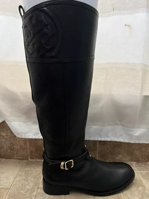 NEW $495+ Tory Burch MARLENE Black Logo Riding Boot Flat Equestrian Sz 8.5 2