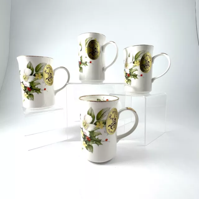 4 St.George Fine Bone China 8 Oz Cup Magnolia Holly Flowers Gold Trim Set