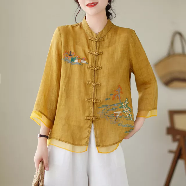 Retro Chinese Style Women's Embroidered Flower Cotton Linen Top Shirts Tops
