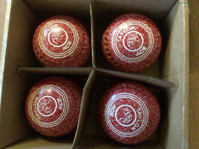 Taylor Ace Lawn Bowls - Size 1 Stamped 22 Red and White Taylor Ace Lawn Bowls - Size 1 Stamped 22 Red and White