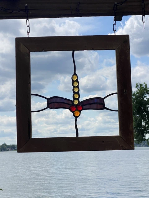 Dragon Fly Framed Stained Glass Window